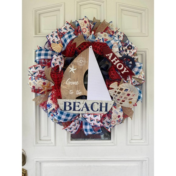 Coastal Sailboat Ahoy Anchor Beach Seashells Fish Summer Deco Mesh Ribbon Wreath - Picture 1 of 9